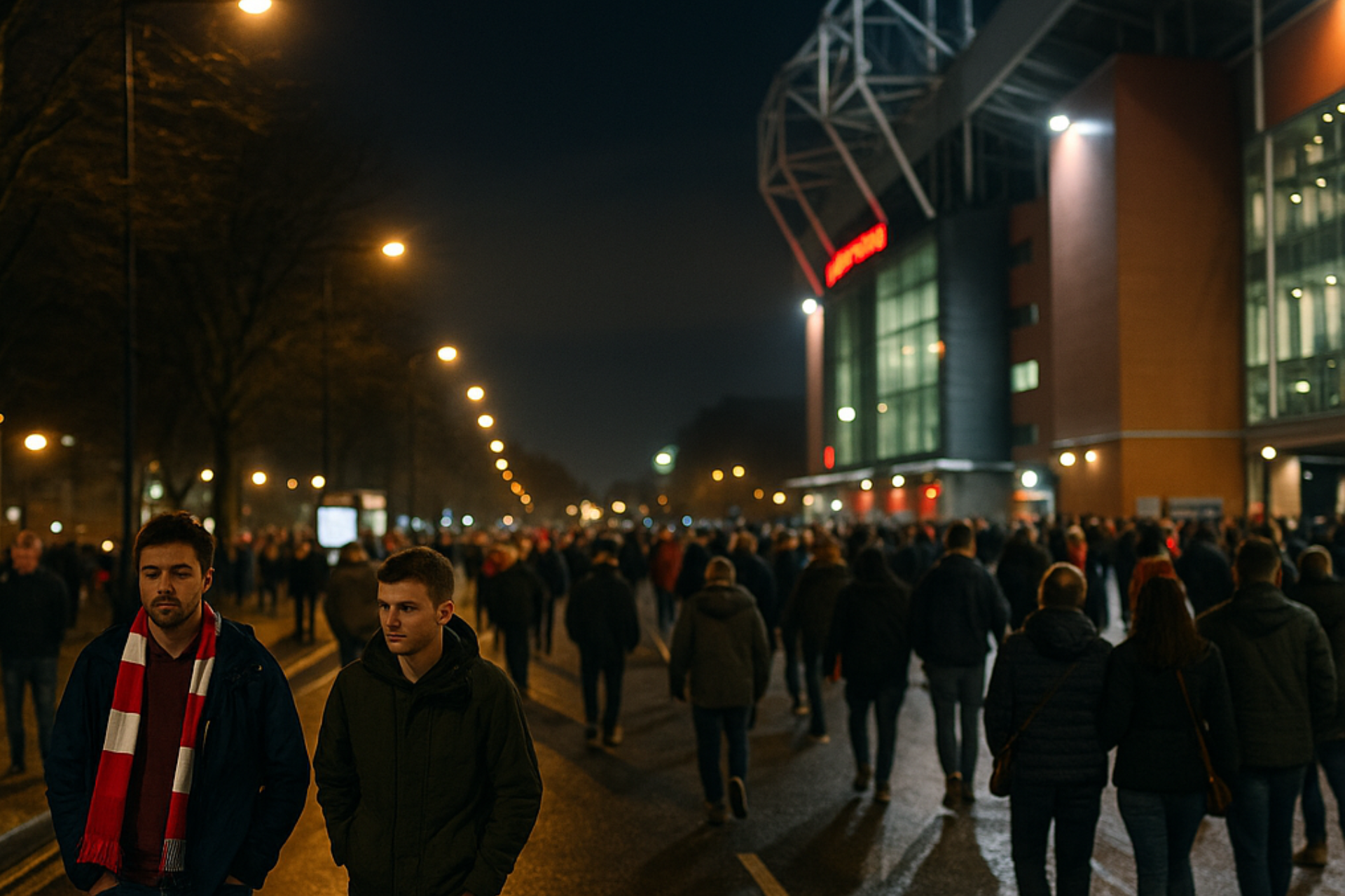 Night street scene outside a stadium
