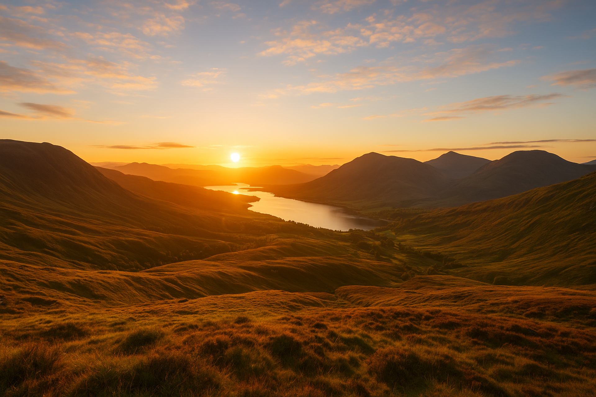 Scottish Highlands sunrise over rolling glens