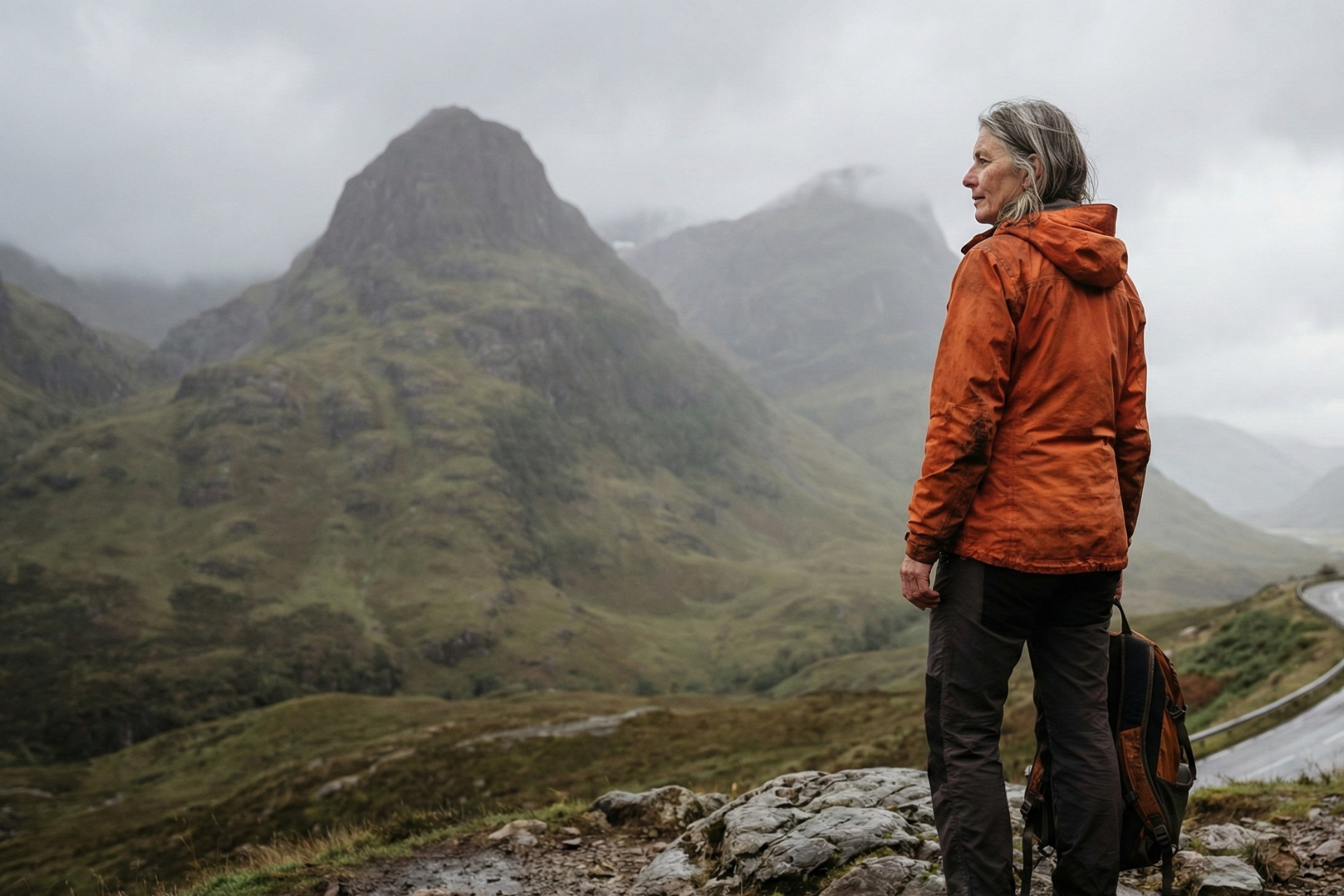 A traveler standing at a viewpoint overlooking Glencoe