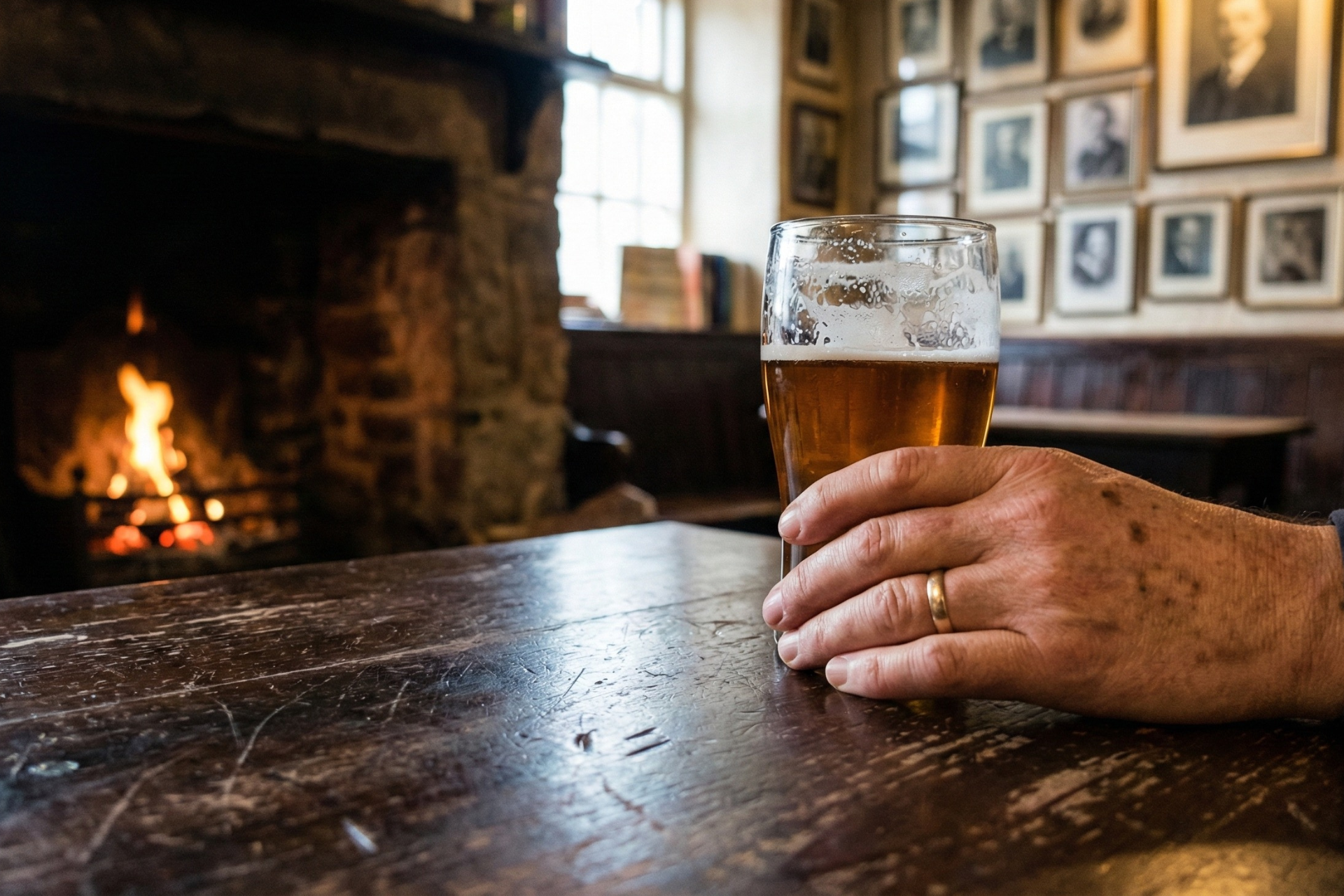 A traveller’s hand resting on a glass of local ale on a dark, weathered wooden table inside the real Woolpack in Esholt.