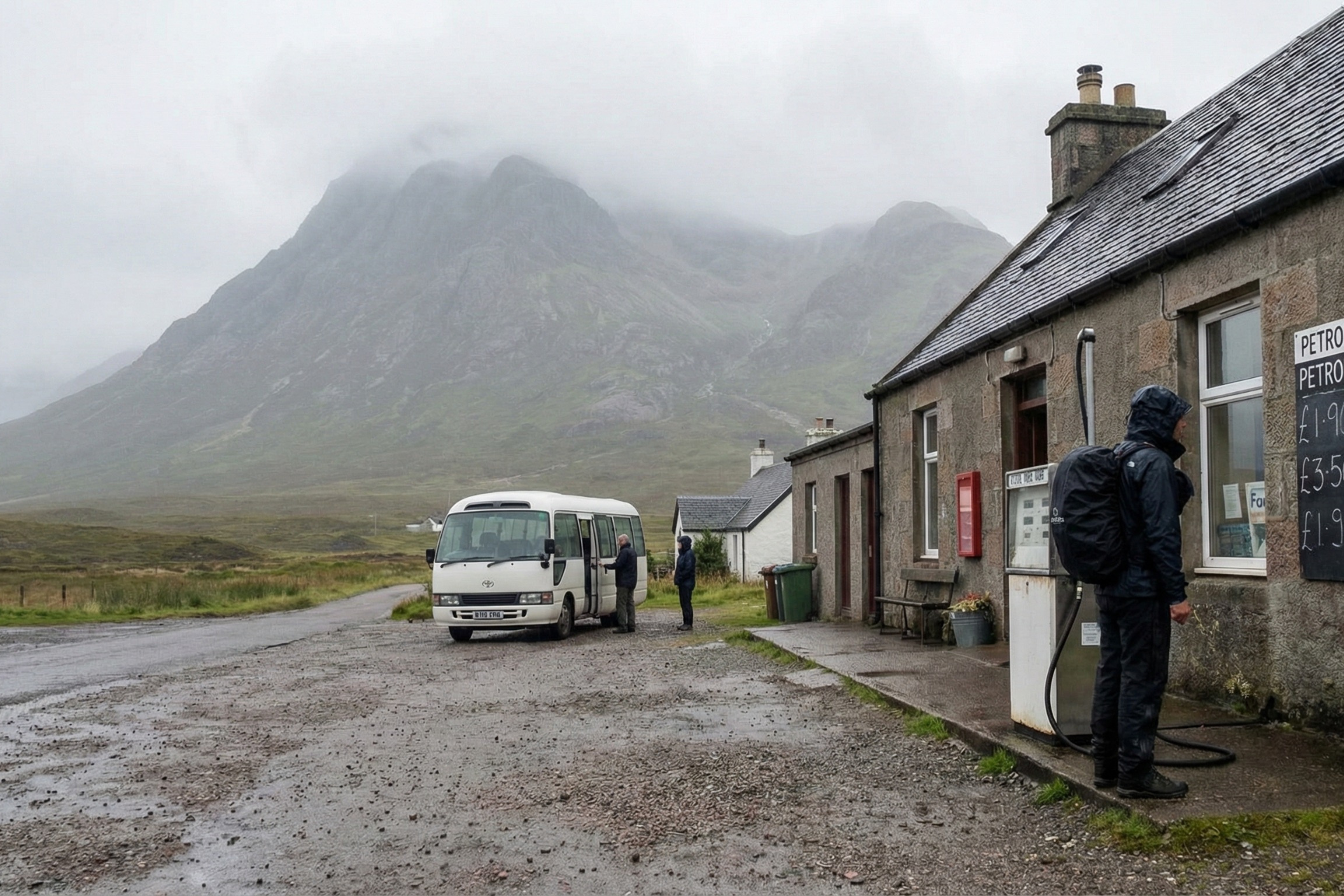 The coach and travellers stop at a remote stone petrol station in the Scottish Highlands beneath a misty mountain. A man in raingear checks a chalkboard sign displaying fuel prices, illustrating the 'rural premium' cost.