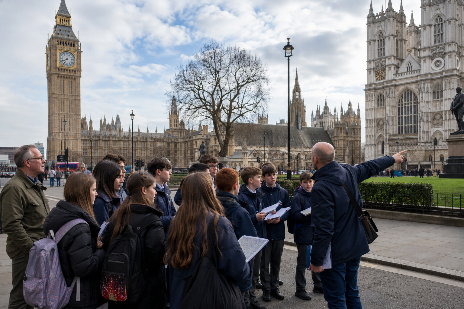 An Irish school group beginning a history-focused day beside the Tower of London, with Tower Bridge visible beyond.