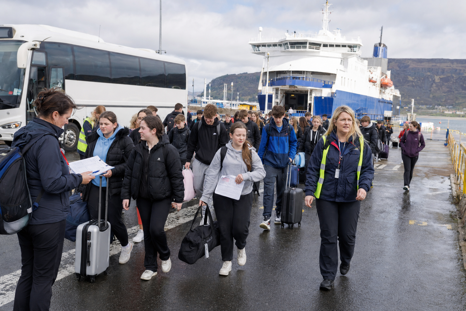 School coach preparing to board the ferry from Ireland to Scotland