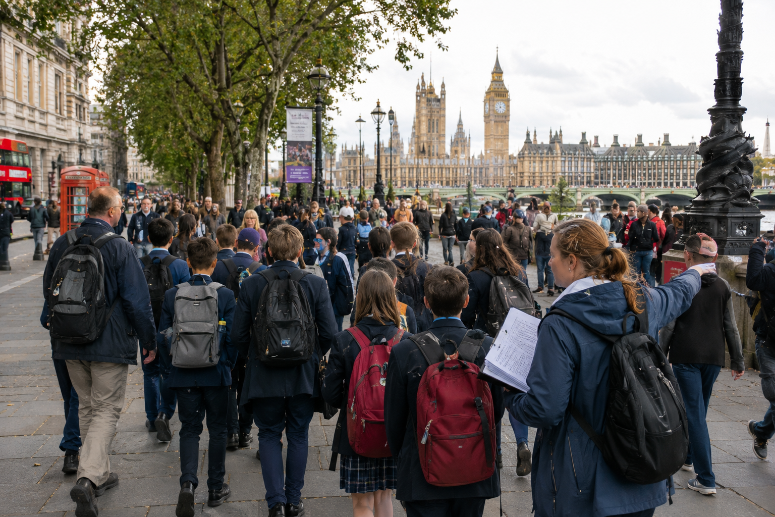School group navigating central London during an educational tour