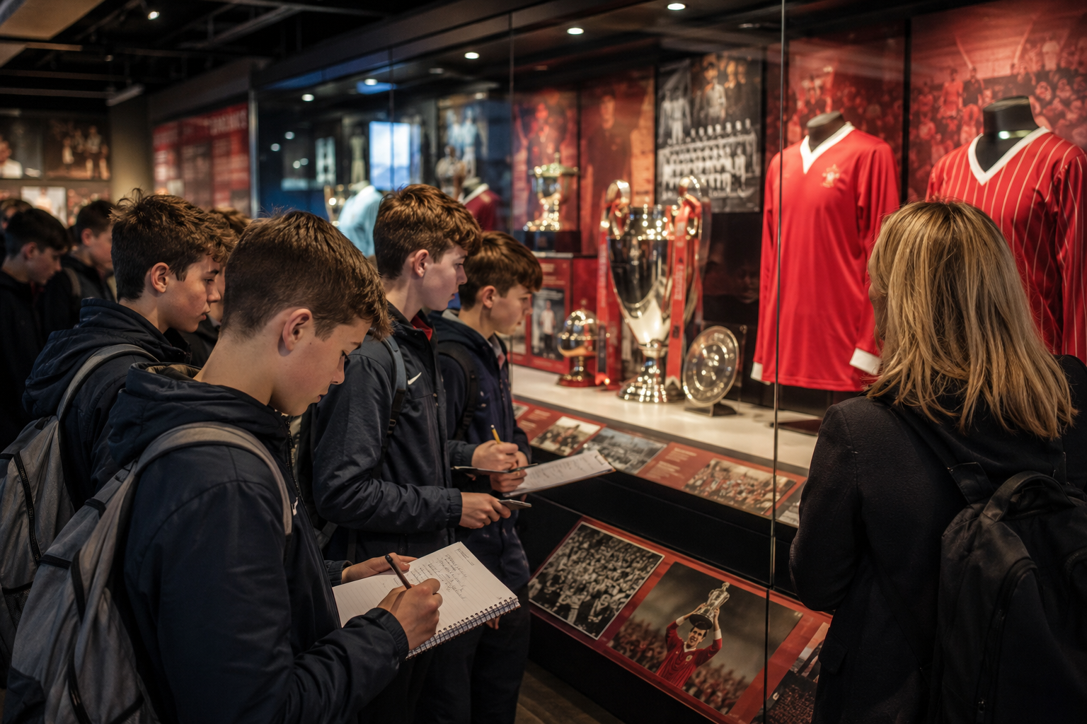 Students exploring football history during an Anfield stadium tour