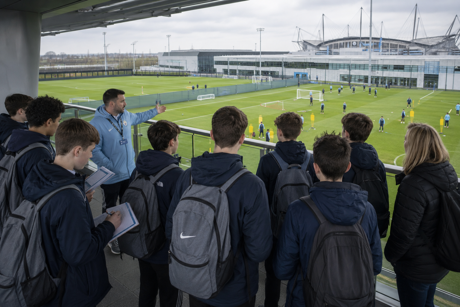 School group visiting modern football training facilities in Manchester