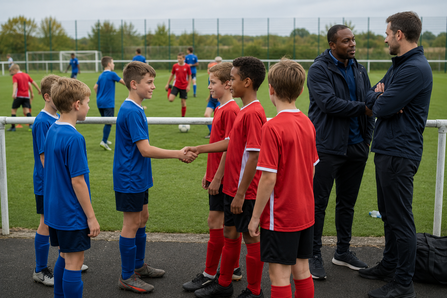Junior school teams preparing for a matched sports tour fixture