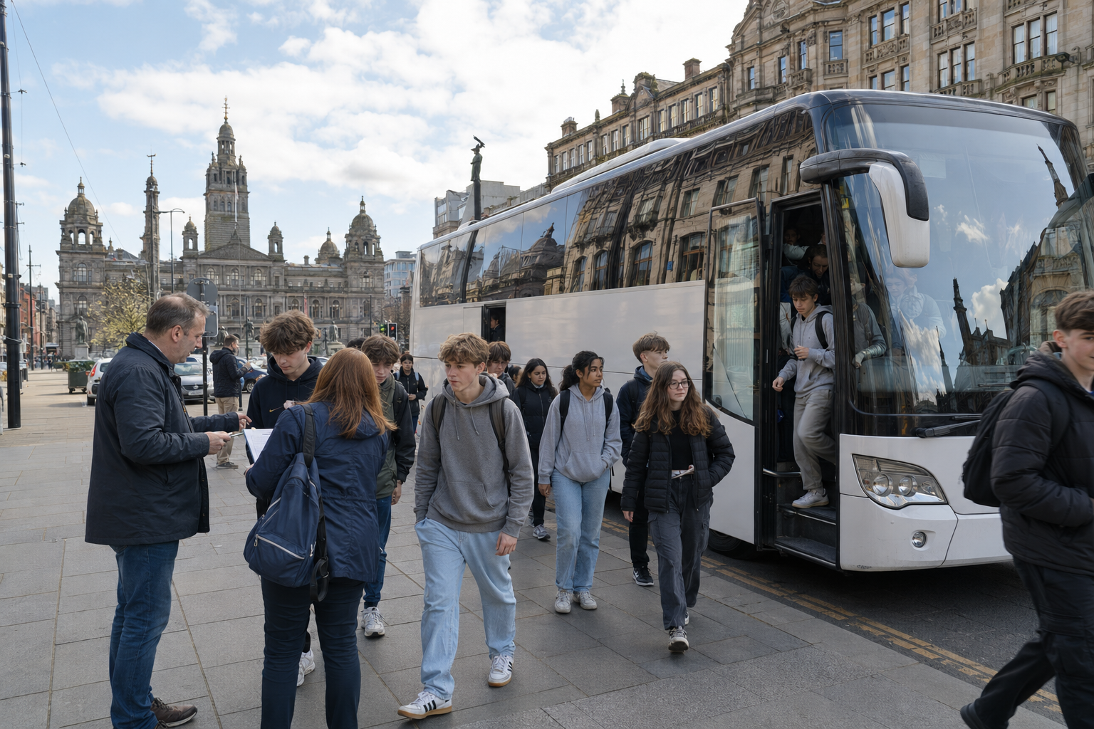 School group arriving in Glasgow by coach from Cairnryan
