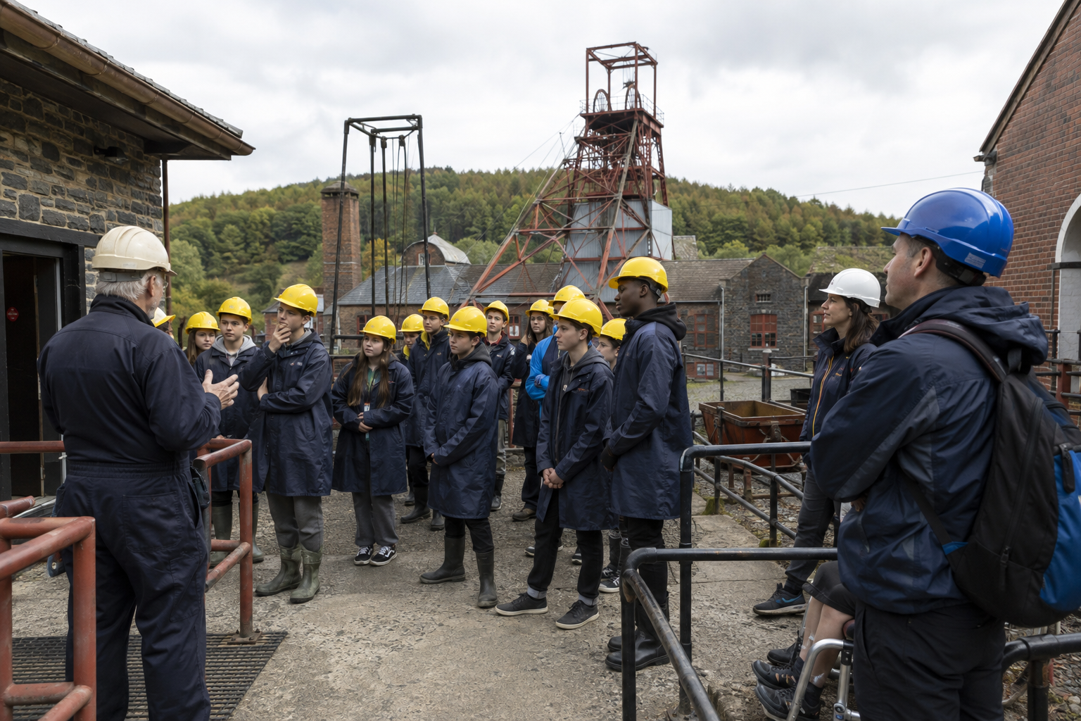 School group preparing for an underground mining heritage tour in Wales