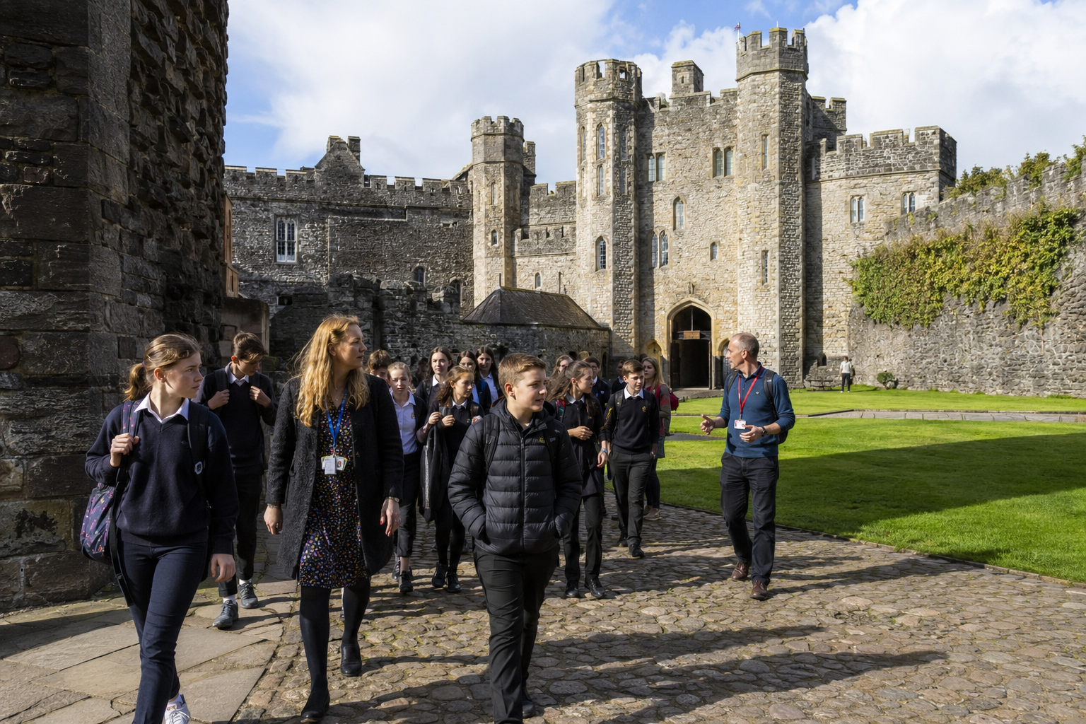 School students exploring Cardiff Castle on an educational trip