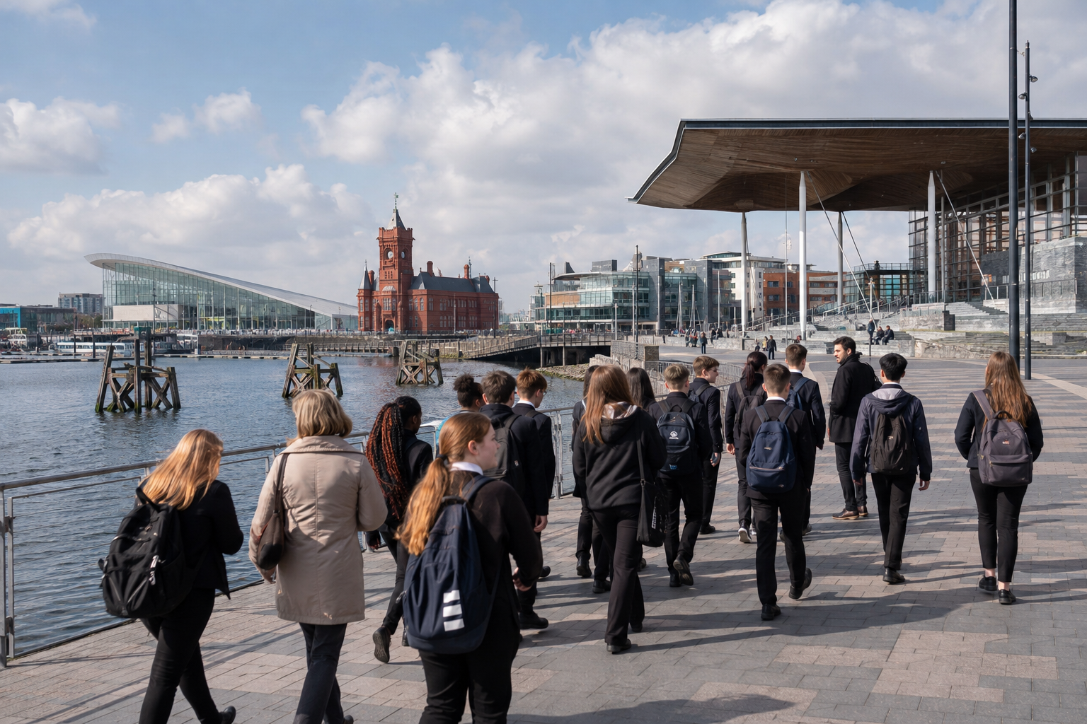 School students arriving at group accommodation in Cardiff Visual purpose: Reinforces