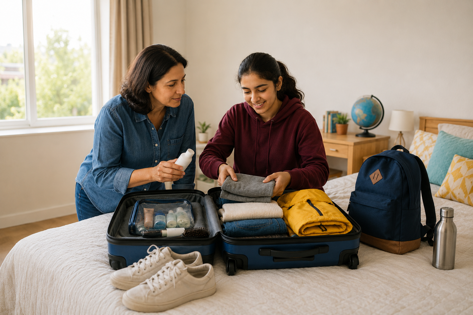 Student packing a suitcase for a school tour abroad