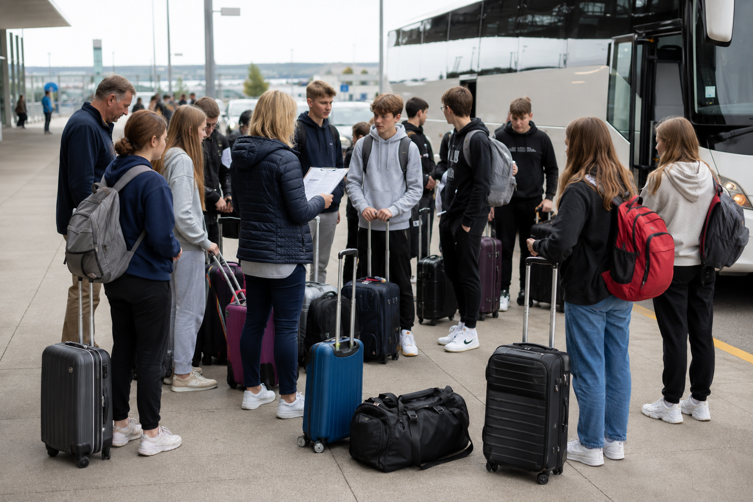 Students arriving with luggage for an overseas school tour