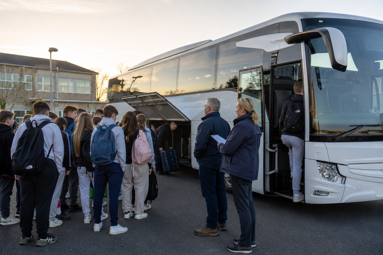 Irish school group boarding a coach for an overseas school tour Irish school group boarding a coach for an overseas school tour