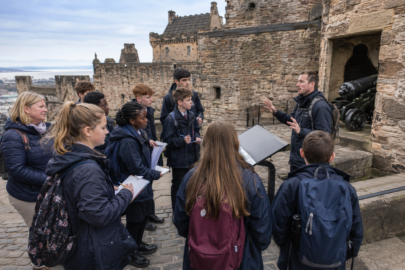 School pupils taking part in a guided history visit at Edinburgh Castle Visual purpose: Positions the cast