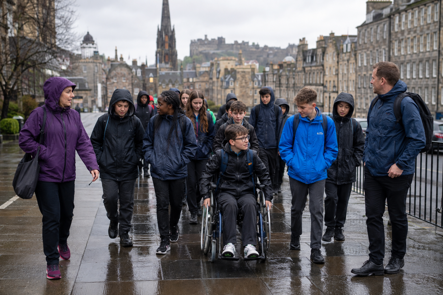 Accessible Edinburgh school tour with pupils prepared for wet weather