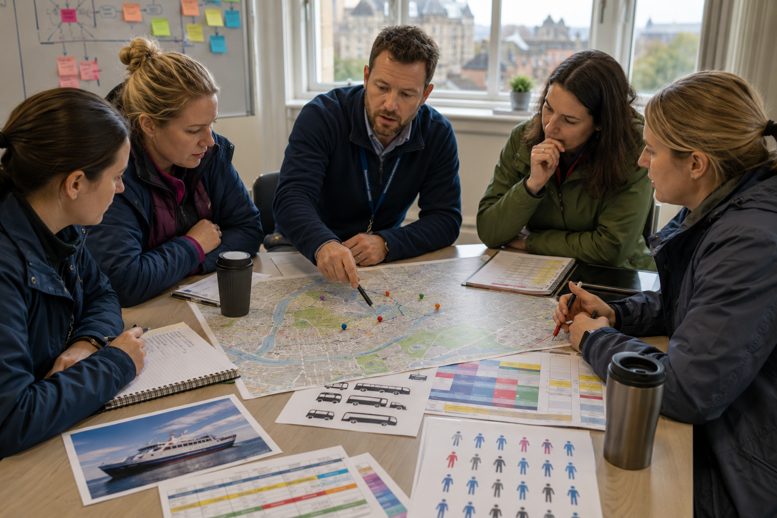 Teachers coordinating ferry, accommodation and attraction timings for an Edinburgh school trip Highclere Castle during the day
