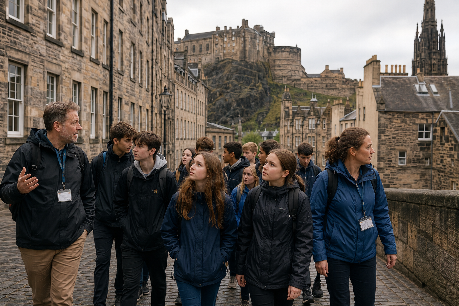 Students learning about Scottish history near Edinburgh Castle