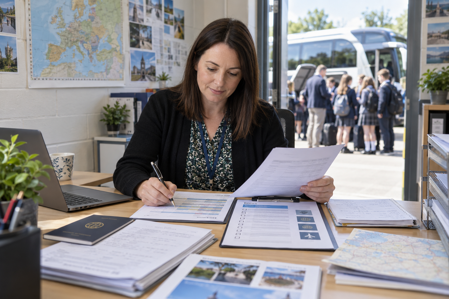 Teacher reviewing a school trip planning checklist Teacher reviewing a school trip planning checklist