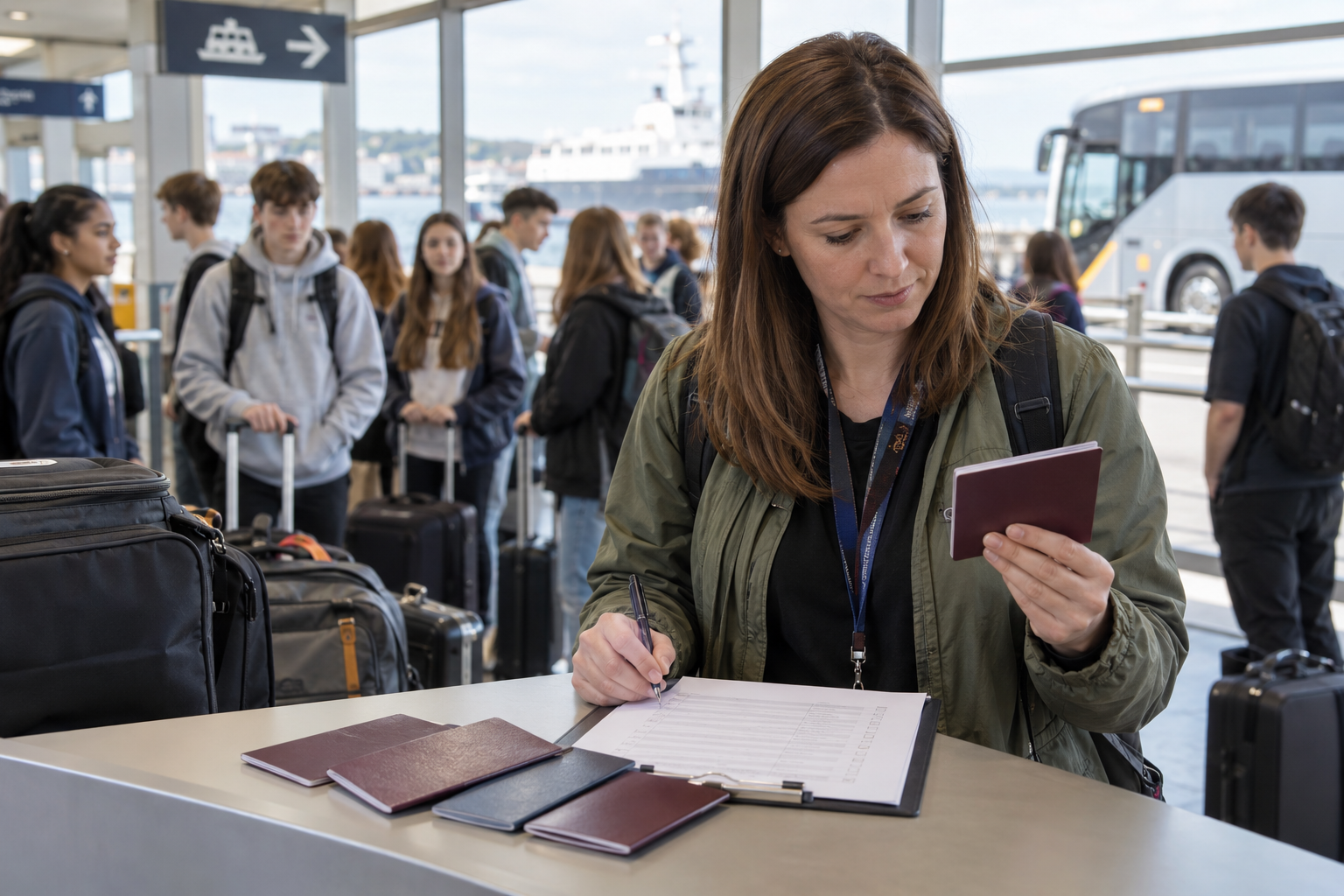 Teacher checking student passports before a school trip