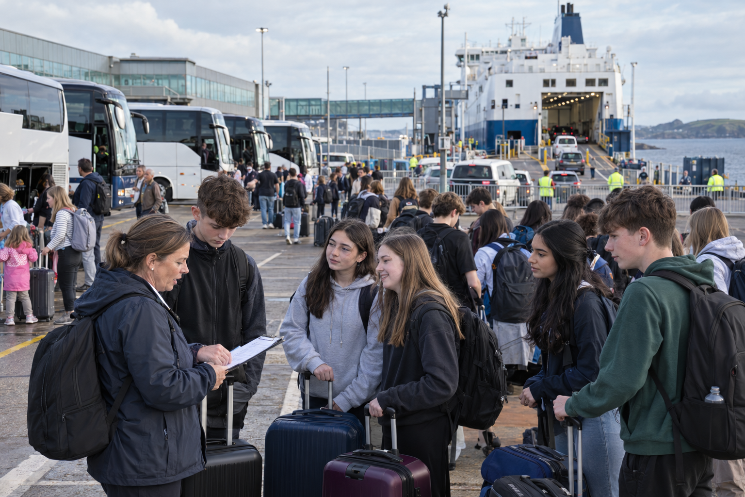 School group waiting at a busy Irish ferry terminal