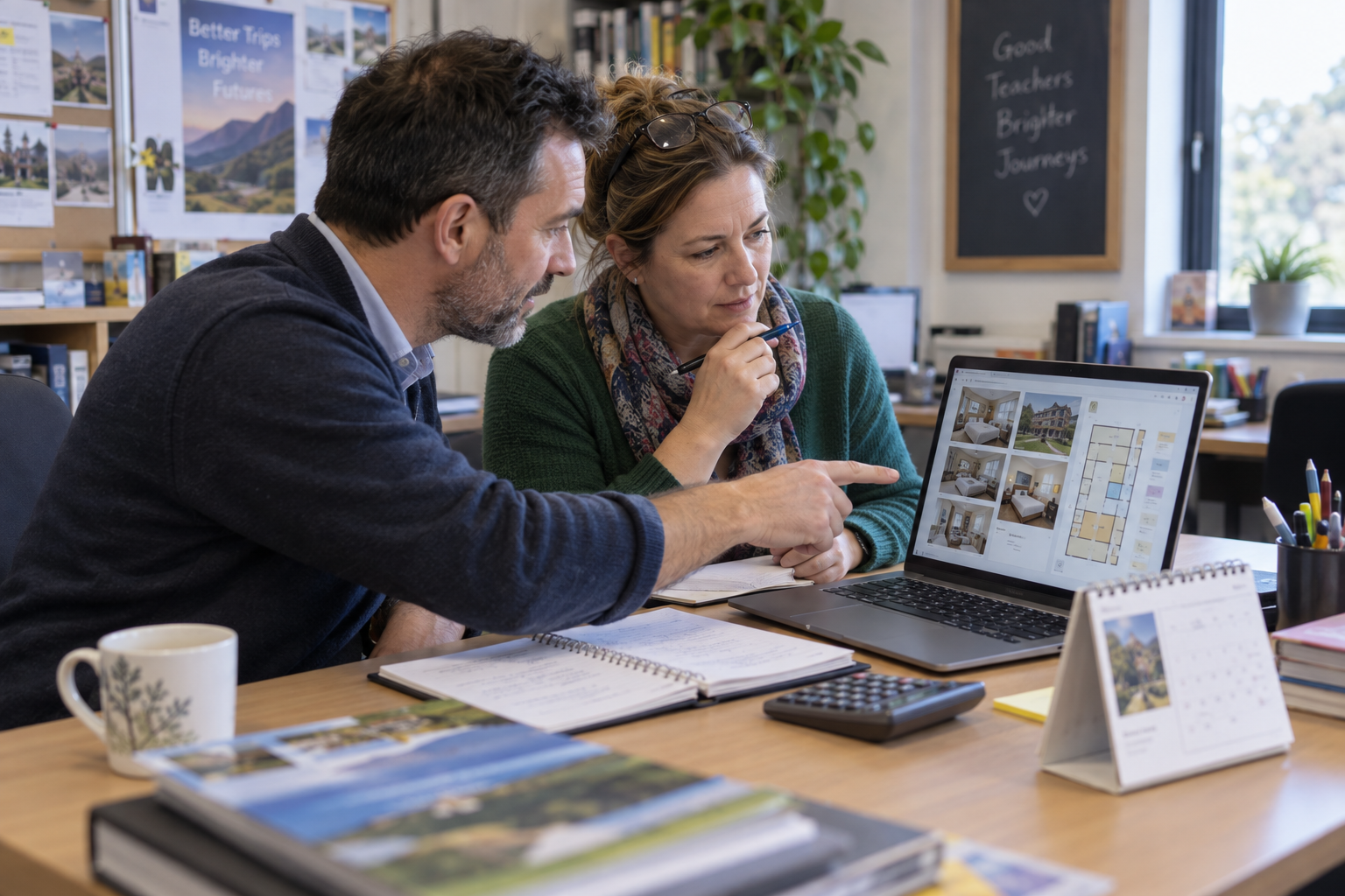 Teachers comparing accommodation for a TY school trip