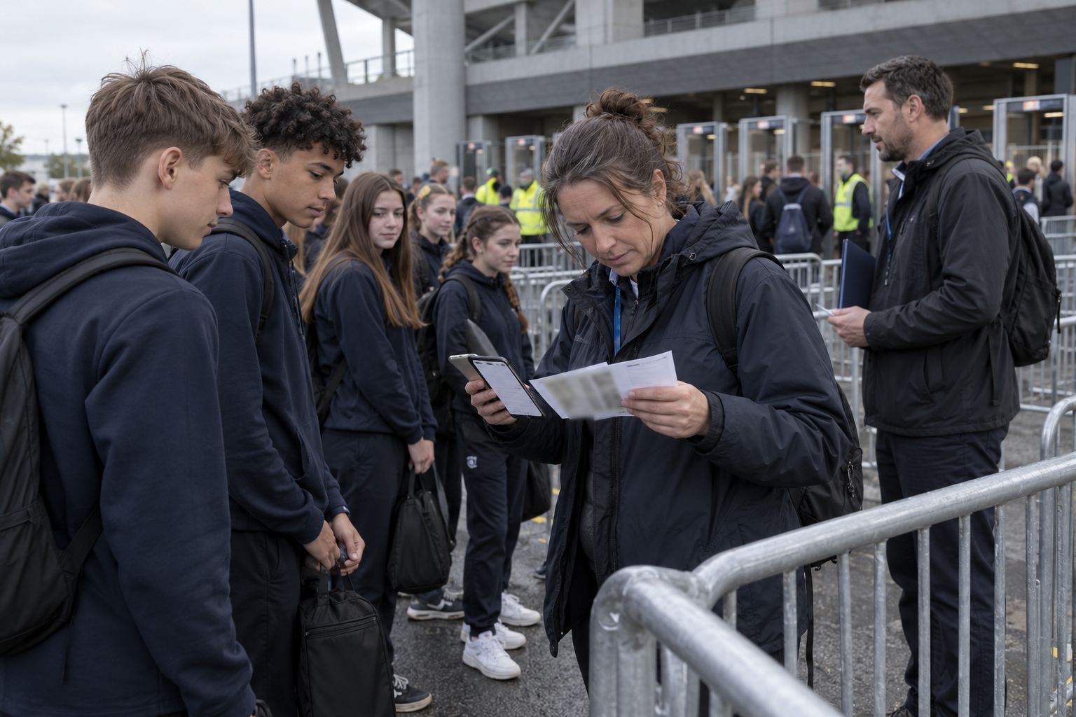 Teacher checking official match tickets for a school football group