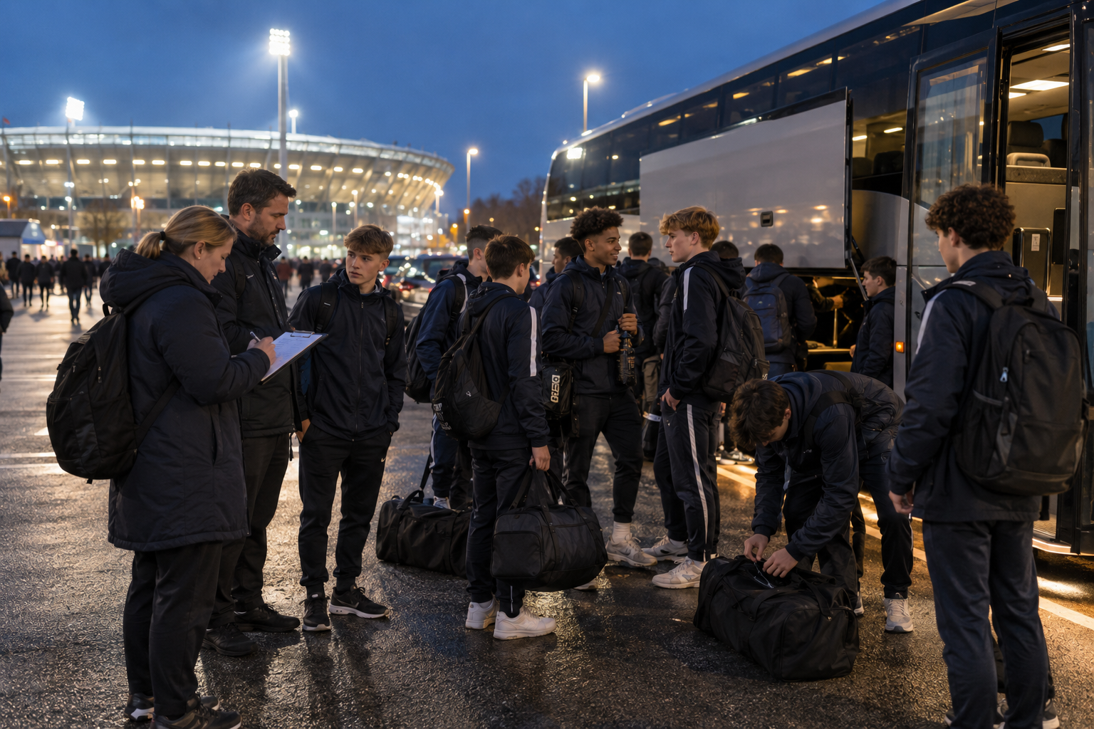 School football team regrouping after a stadium match 