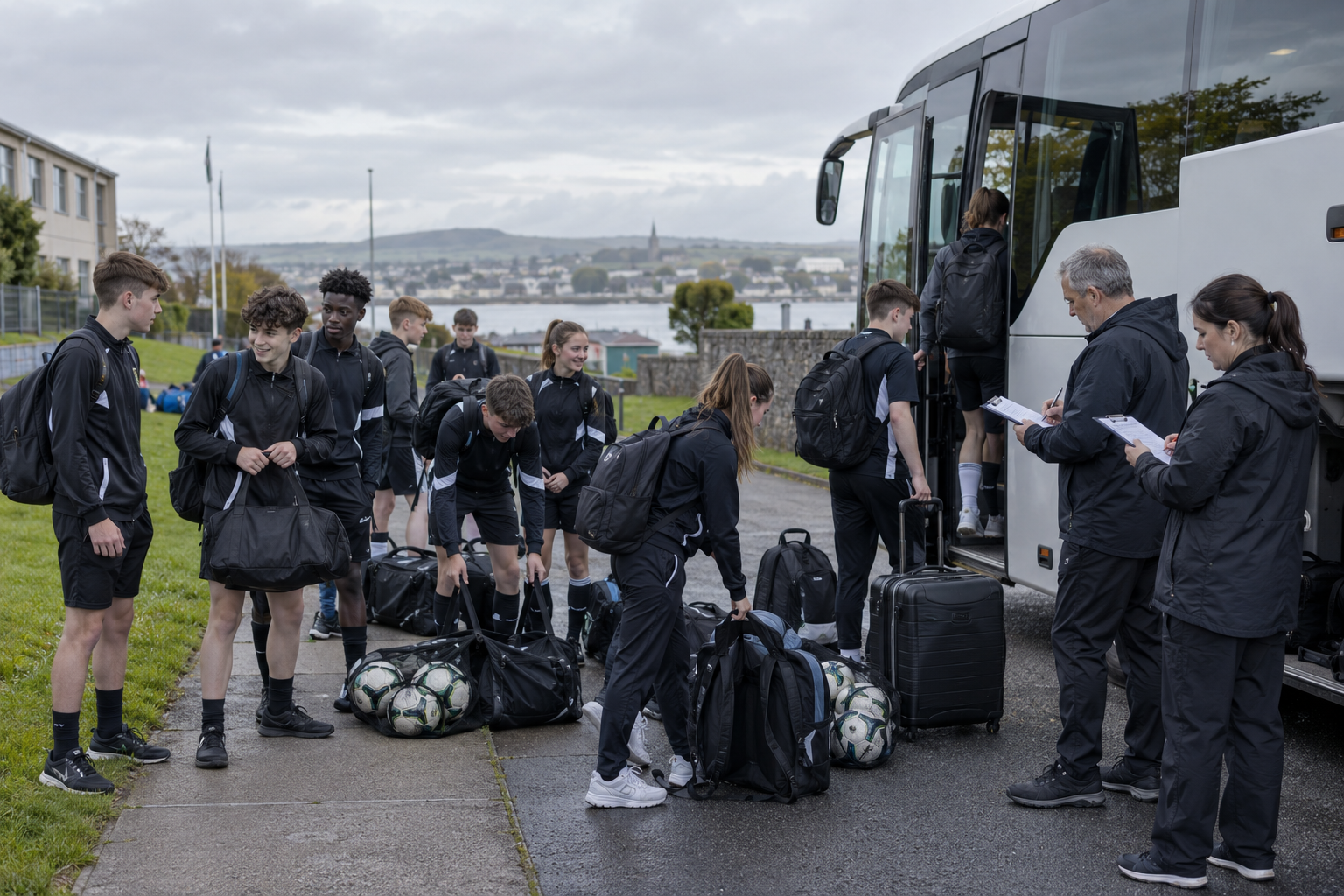 Irish school football team preparing to depart for a tour