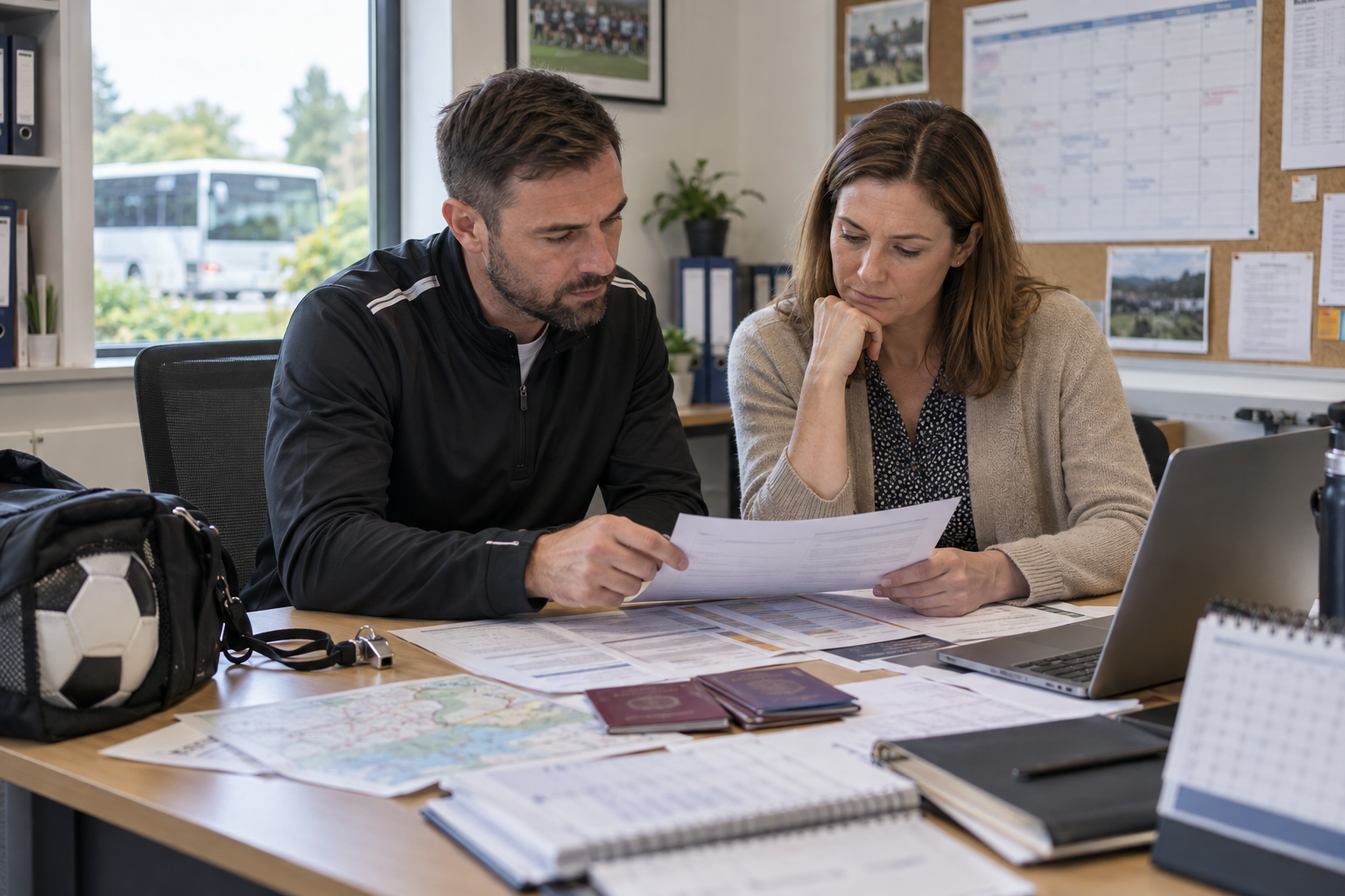 Coach reviewing a school football tour checklist