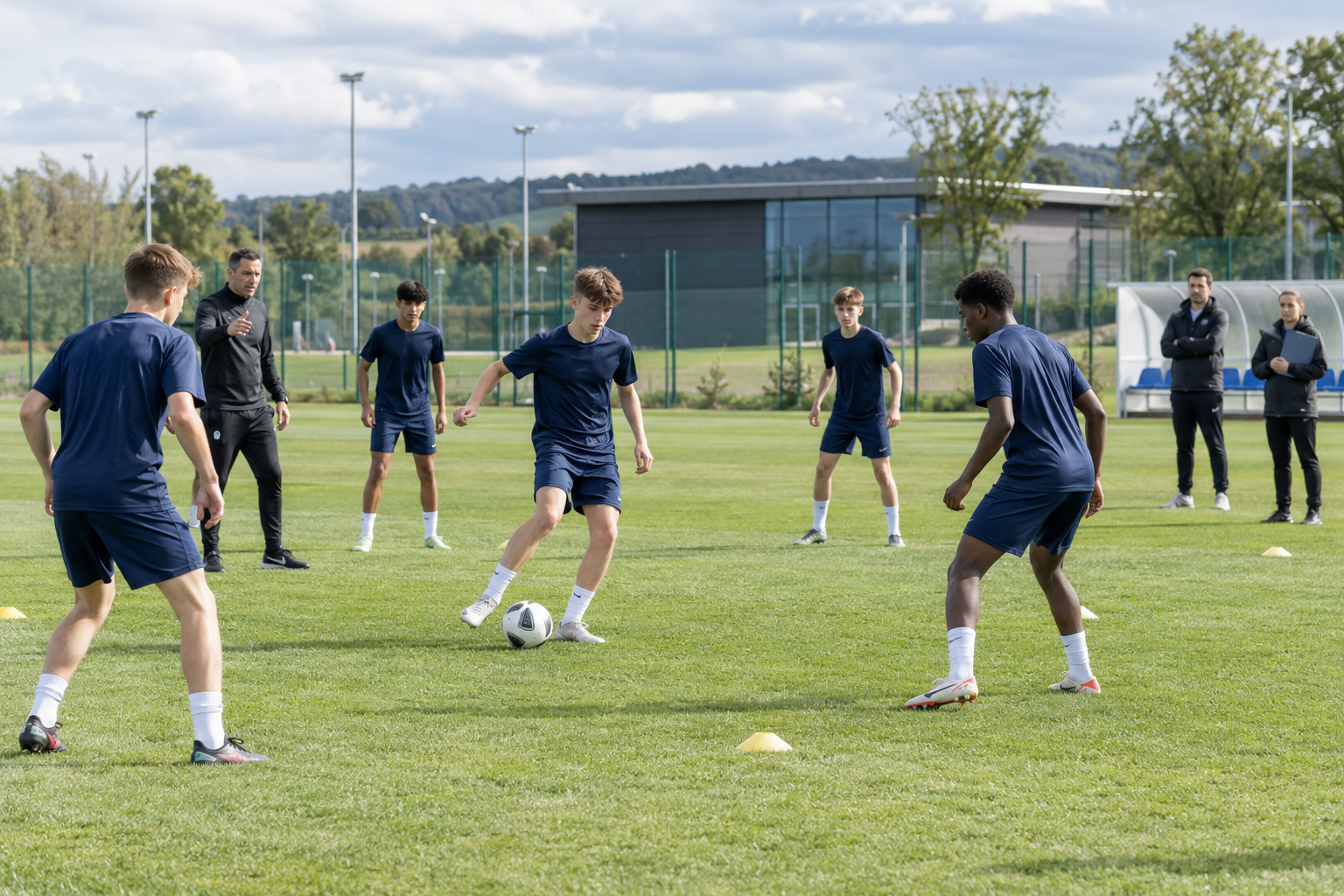 School football team training during an organised tour