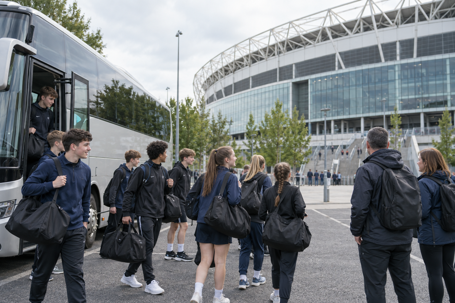 School football team arriving for a stadium tour in England