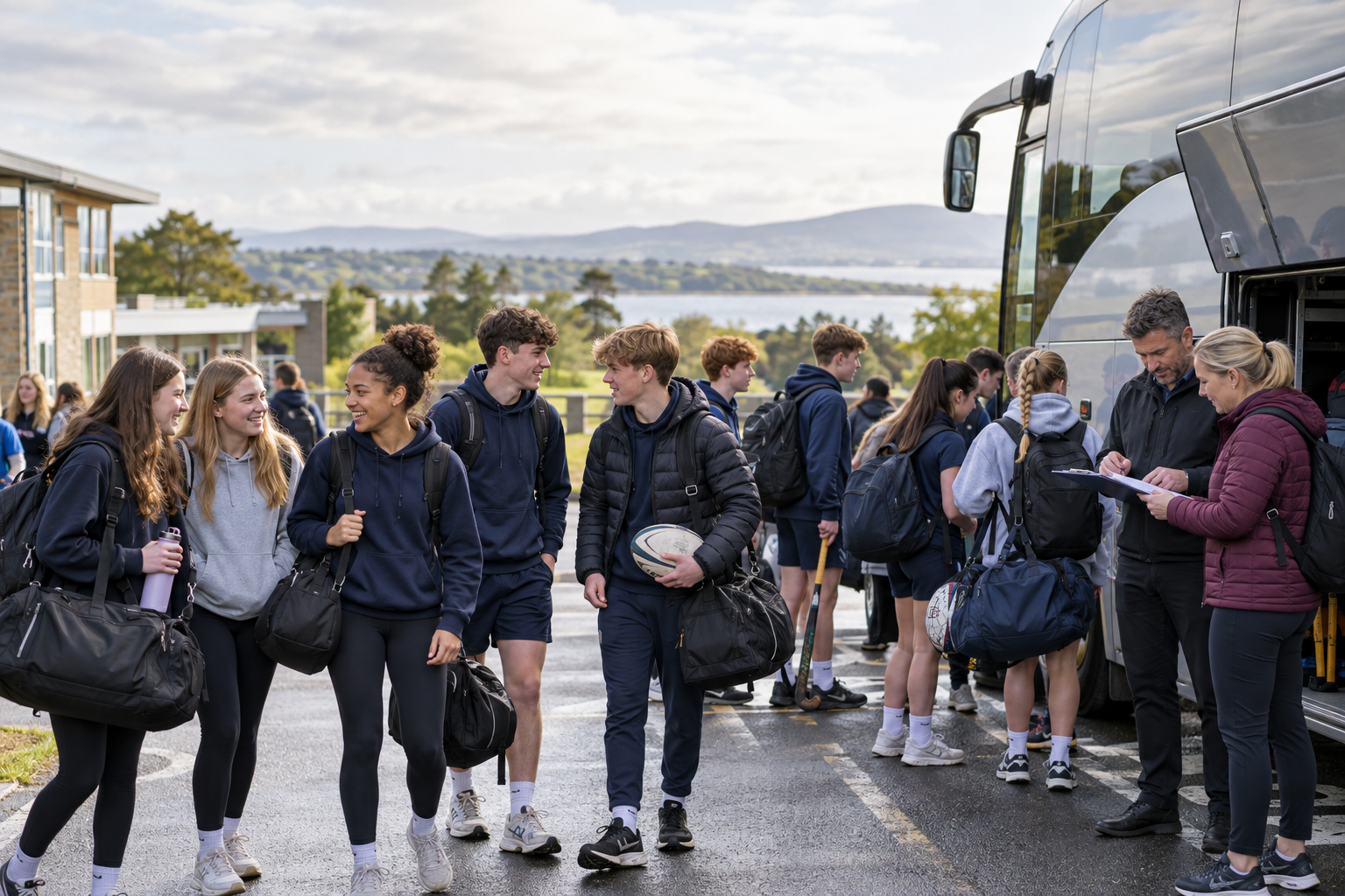School sports team preparing to leave for an organised tour. School sports team preparing to leave for an organised tour.
