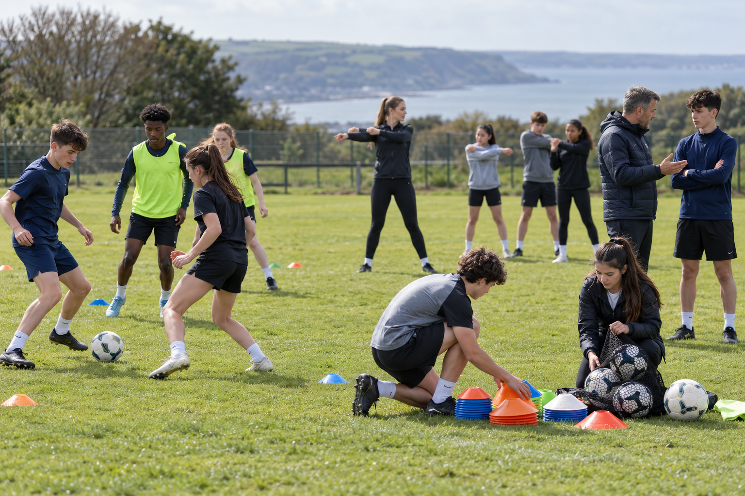 Students contributing in playing and supporting roles during school sports training.