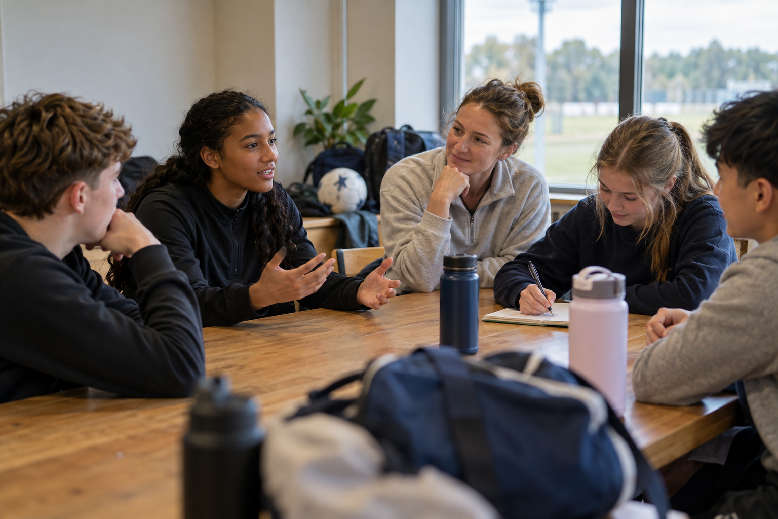 Students reflecting with a teacher after a school sports activity.