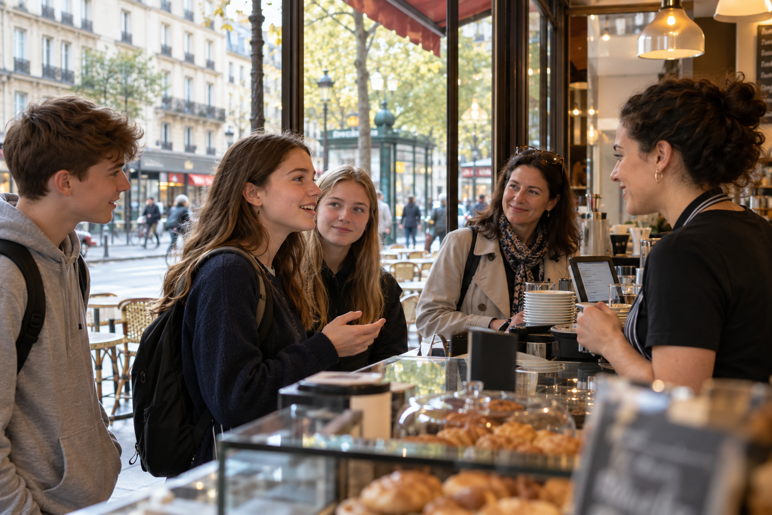 Transition Year students practising French during a school trip to Paris