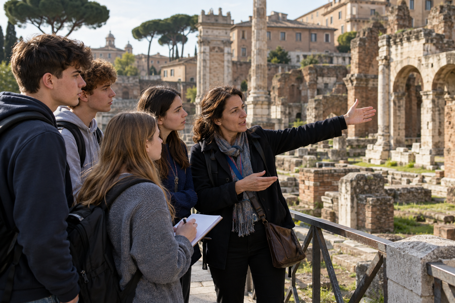 Students learning about ancient history during a school trip to Rome.