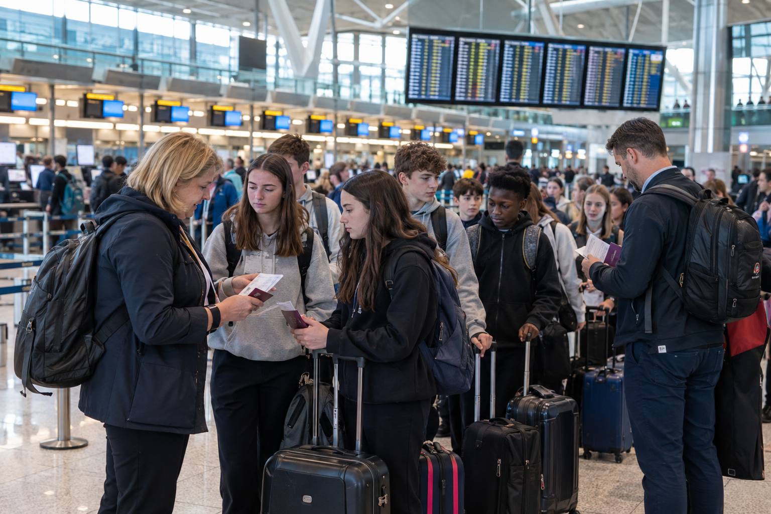 Teachers supervising students during airport check-in for a school tour
