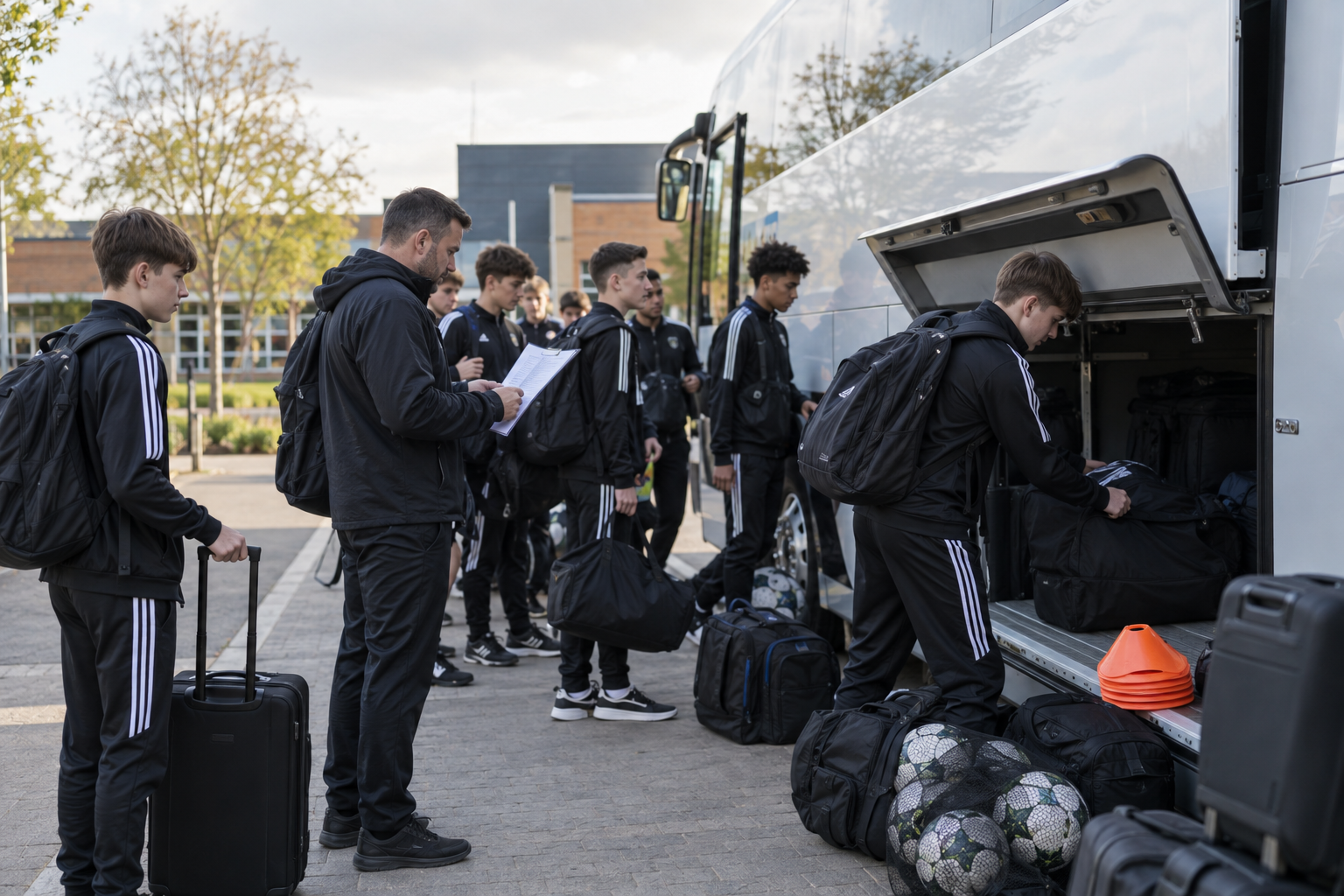 School sports team loading kit bags onto a tour coach 