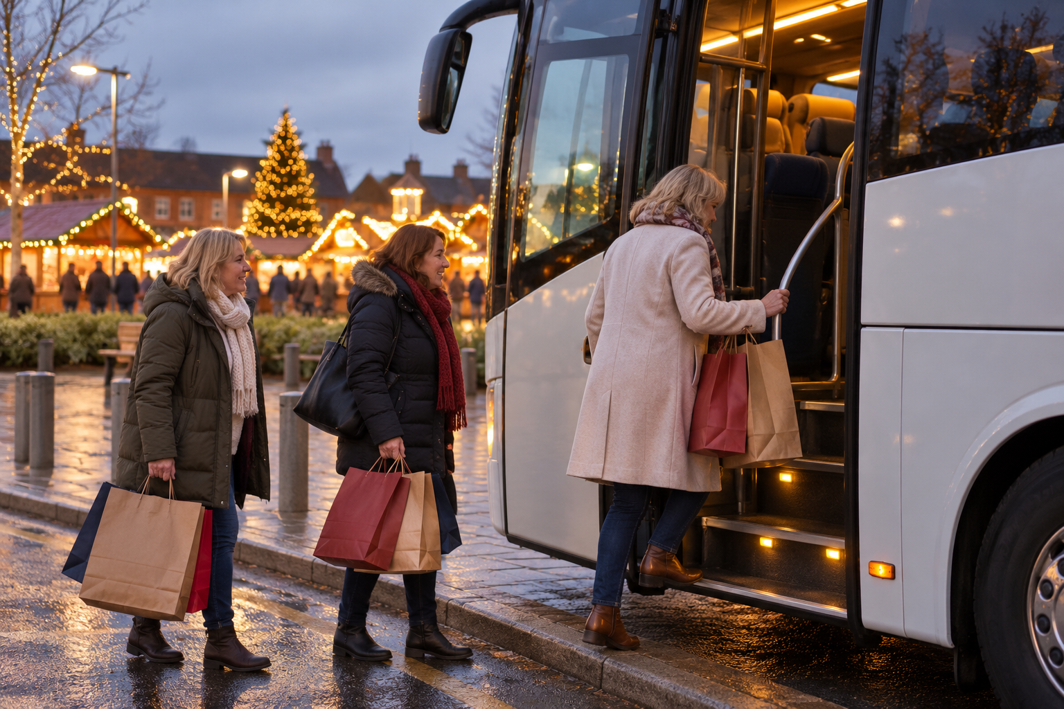 Travellers boarding a coach with bags after Christmas shopping.