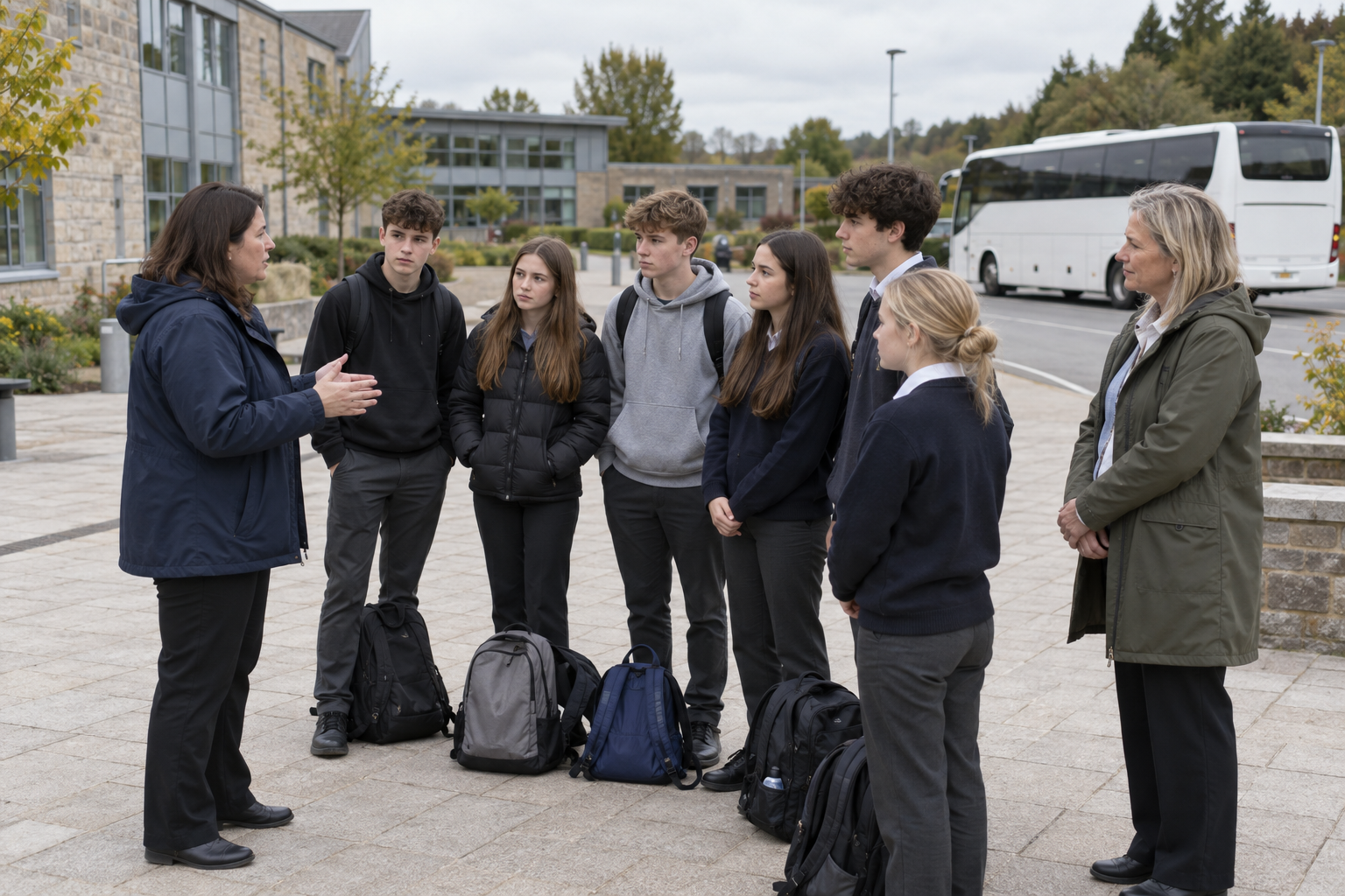 Teacher briefing students on school tour safety before departure