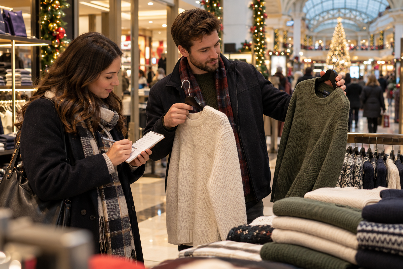Two shoppers comparing Christmas gifts and checking their shopping list at the Trafford Centre.