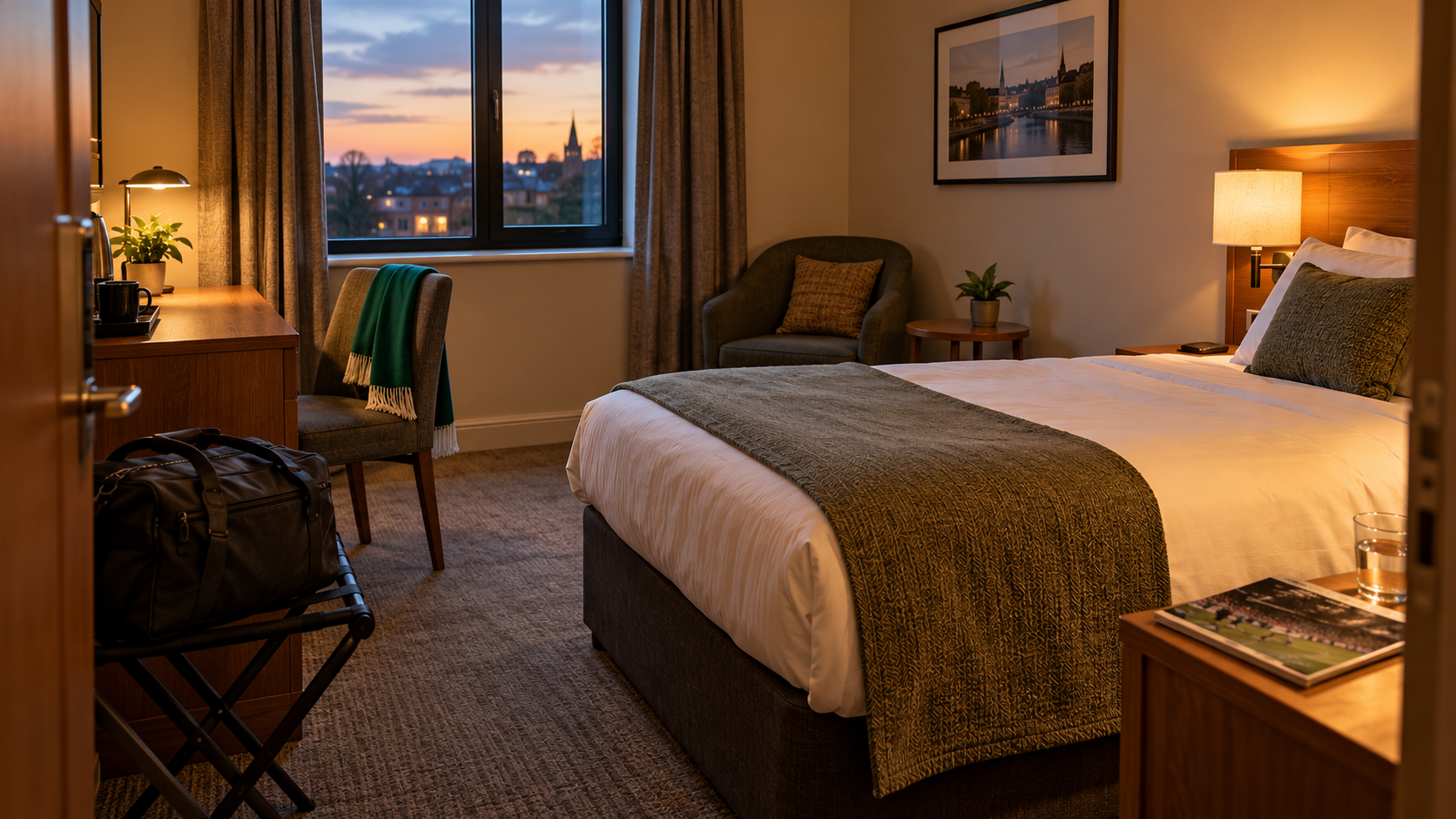 Hotel room with a solo traveller’s bag and green football scarf