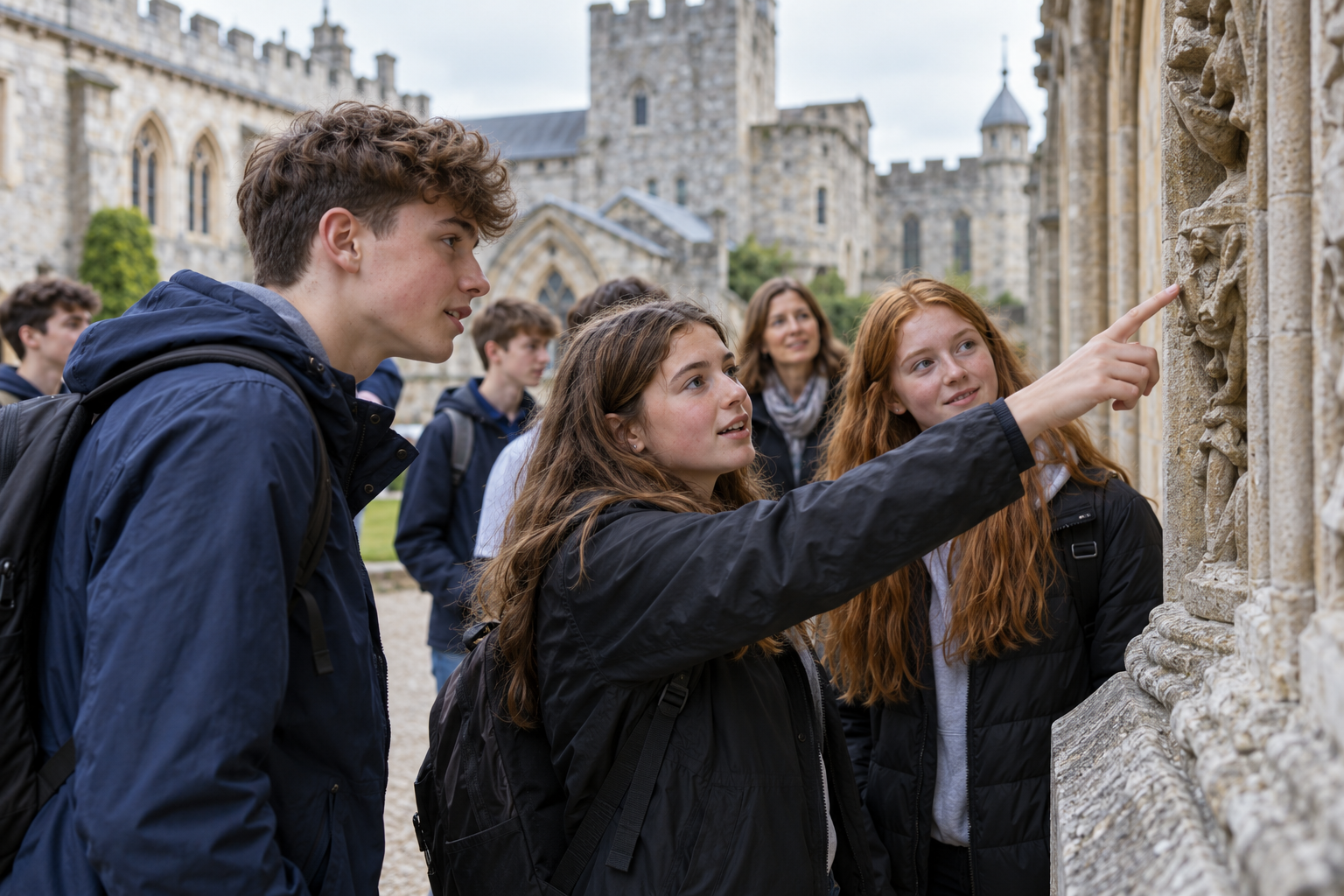 Students examining carved stonework during a school tour of a historic building.