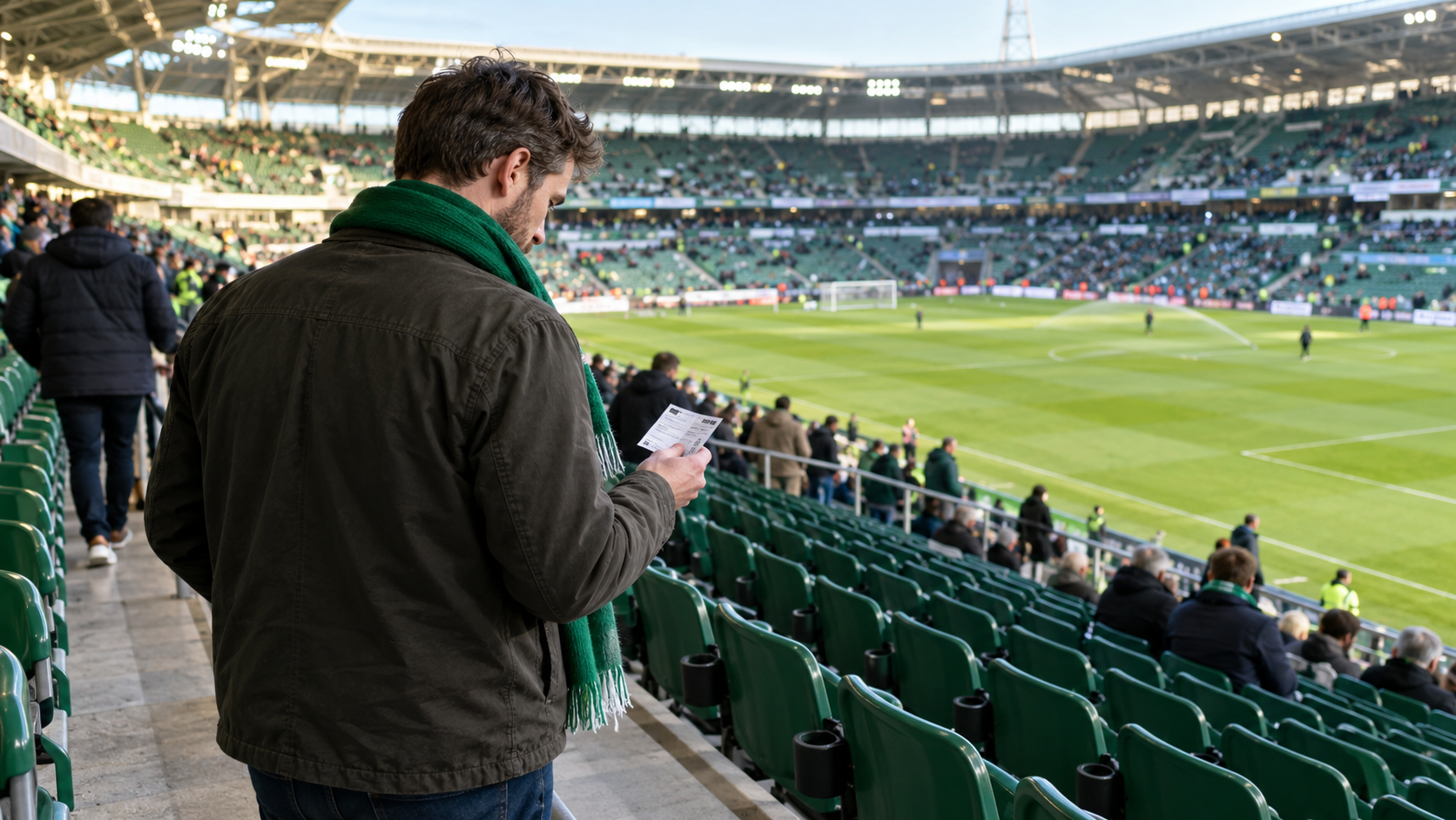 Solo supporter checking their match ticket beside stadium seating