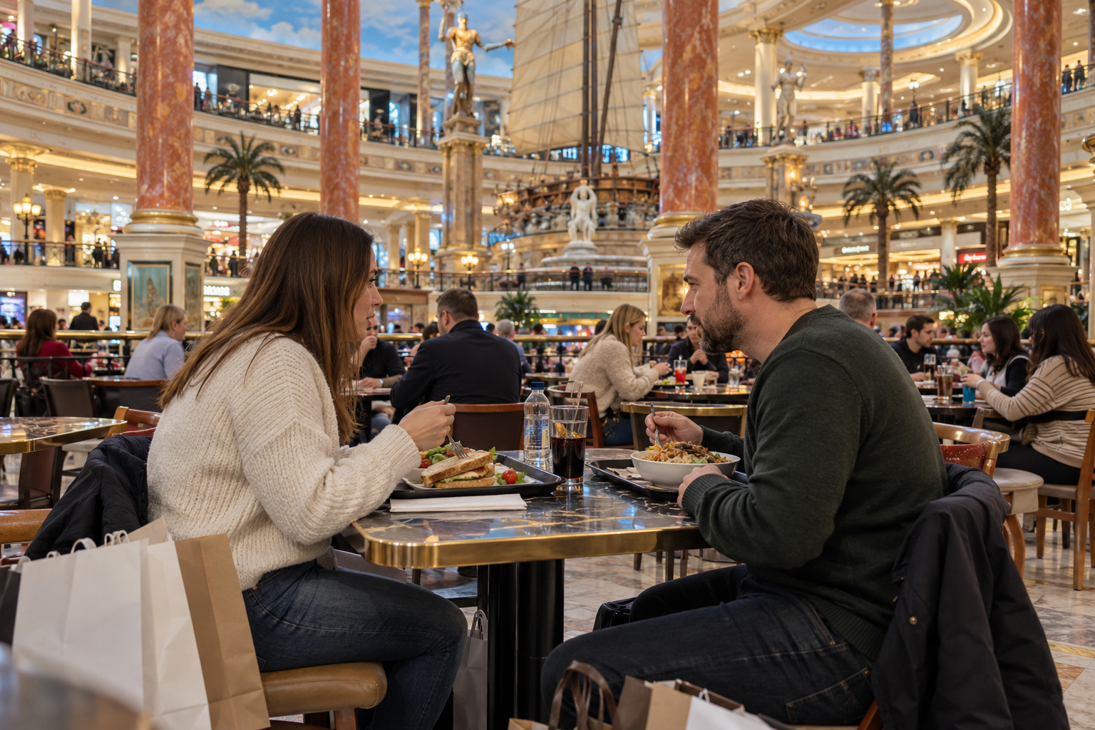 Shoppers taking a lunch break in the Orient food court at the Trafford Centre.