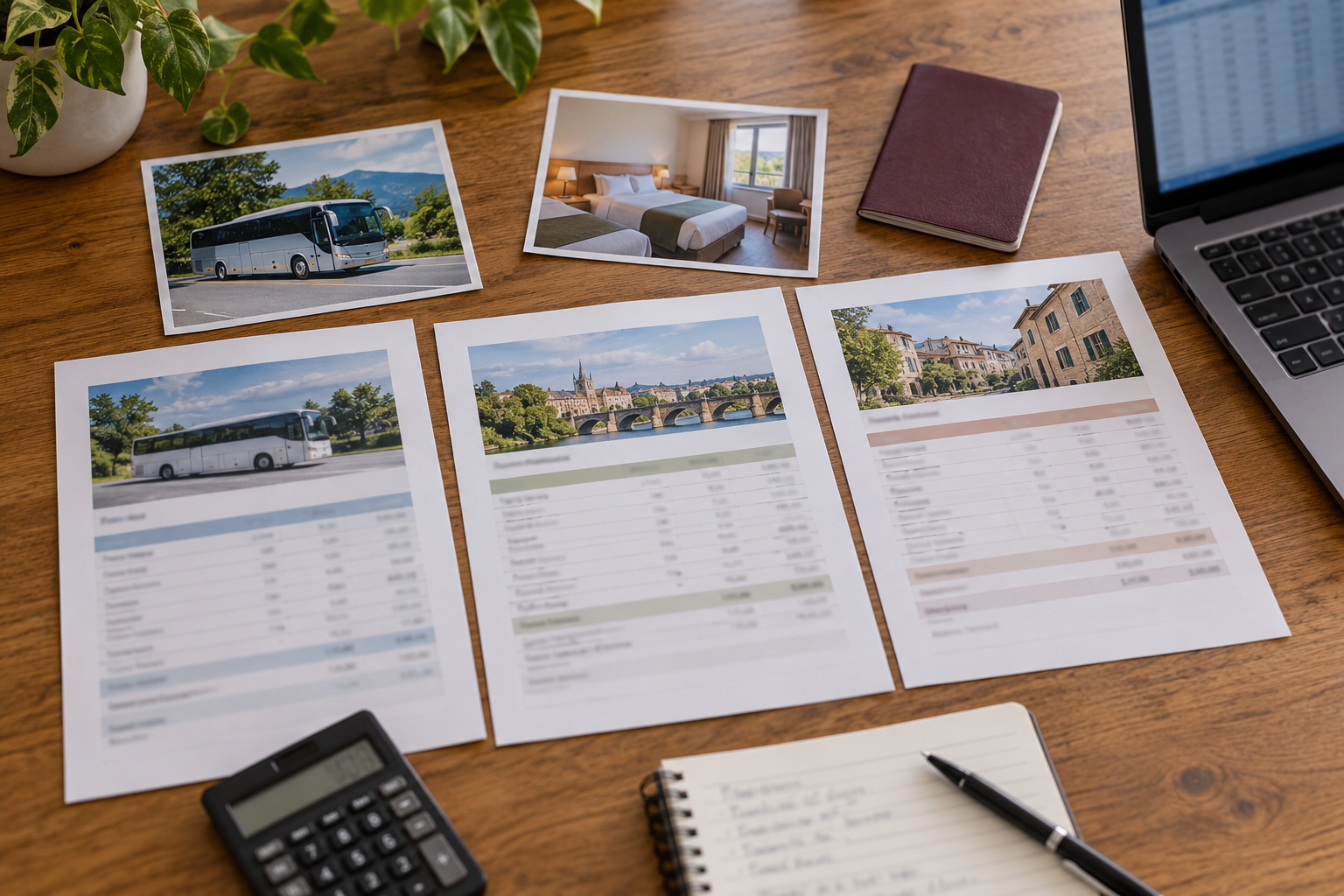 School tour quotations, coach and accommodation photographs, and a calculator arranged on a desk.