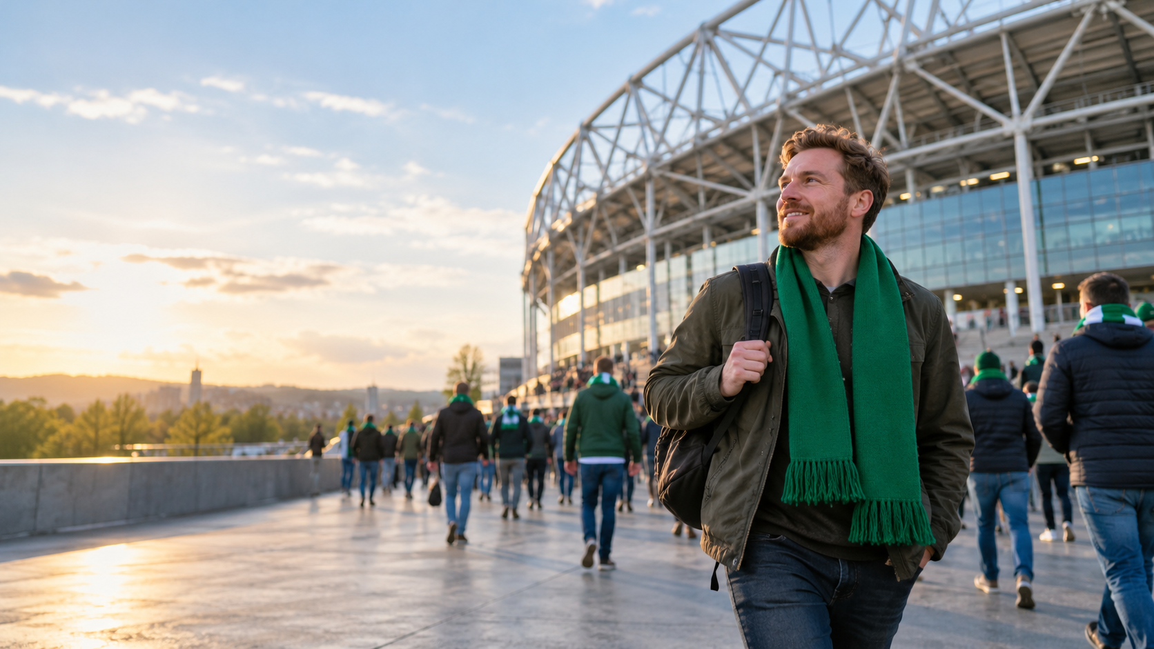 Irish football fan arriving at a stadium for a solo matchday trip
