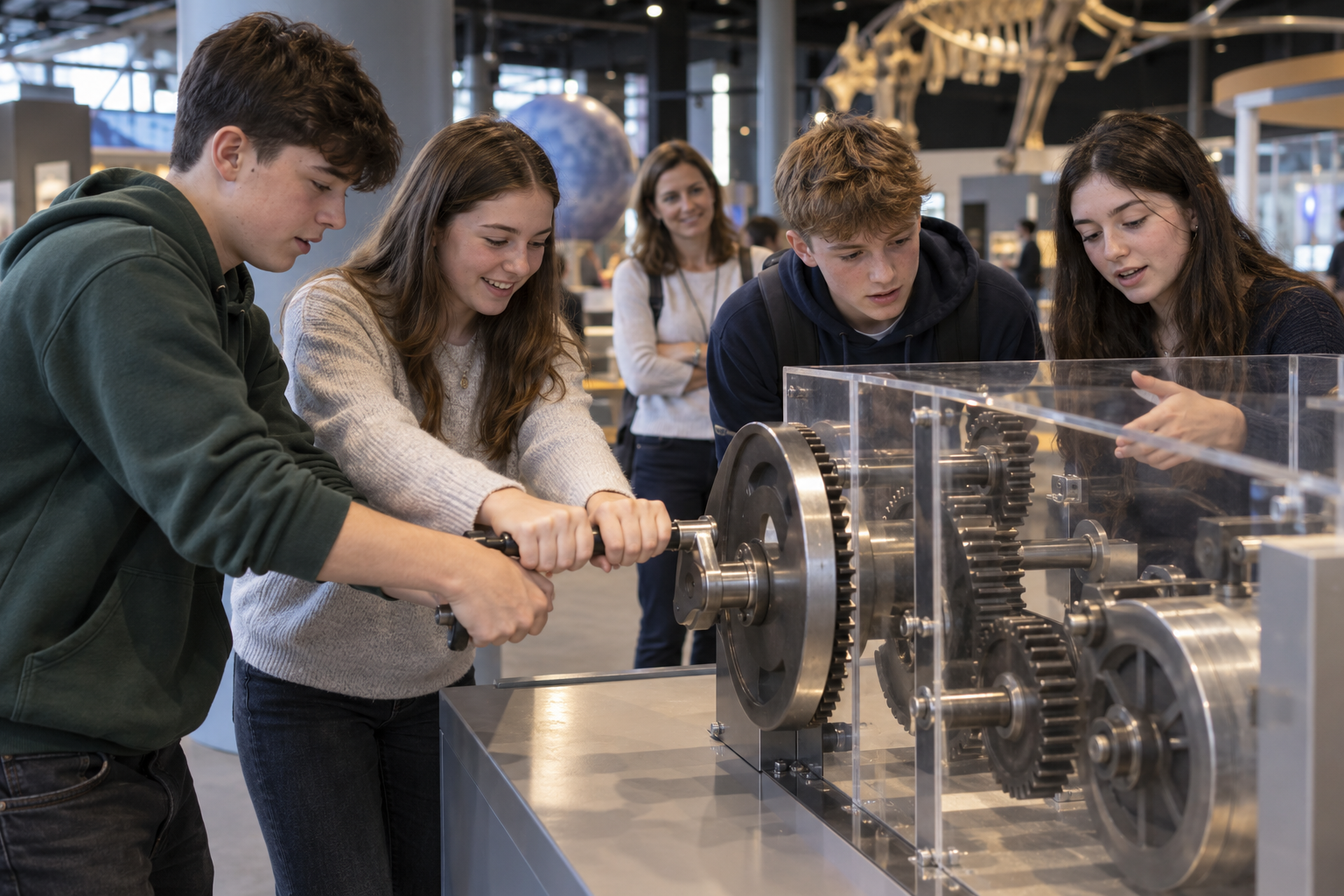 Students operating an interactive gear exhibit during a school visit to a science museum.