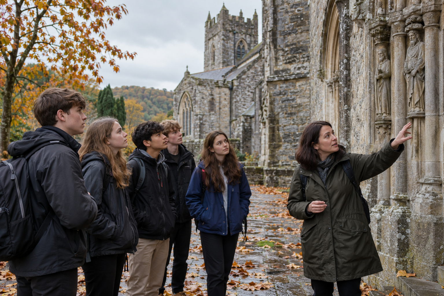 School students listening to a guide outside a historic building during an autumn visit.
